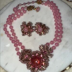 Miriam Haskell Pink Beaded Double Strand Necklace and Clip- on Earrings Set